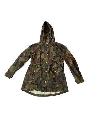 J. Crew Camouflage Rain Jacket Hood Lightweight Water-Repellent Gold Snaps Small